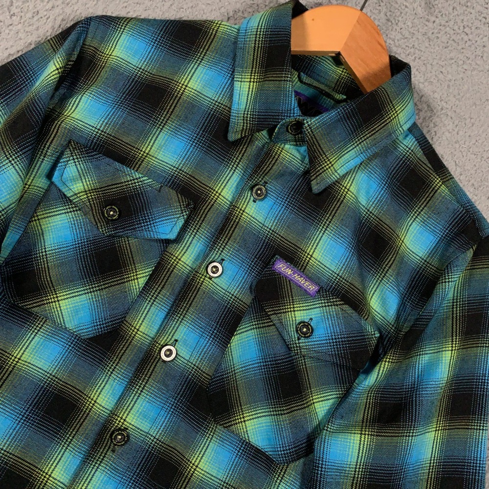 Dixxon Fun-Haver Flannel Shirt Mens XS Blue Green Plaid D-Tech Button Up Shirt